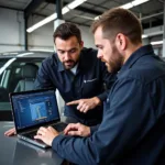 A mechanic explains car diagnostics using a laptop to a customer