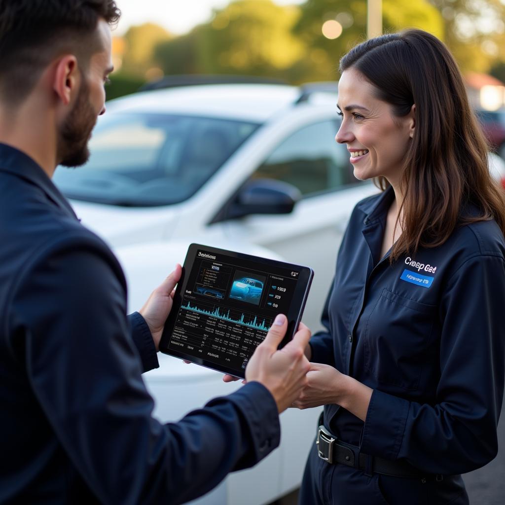 Mechanic Explaining Diagnostic Results on a Tablet to a Driver