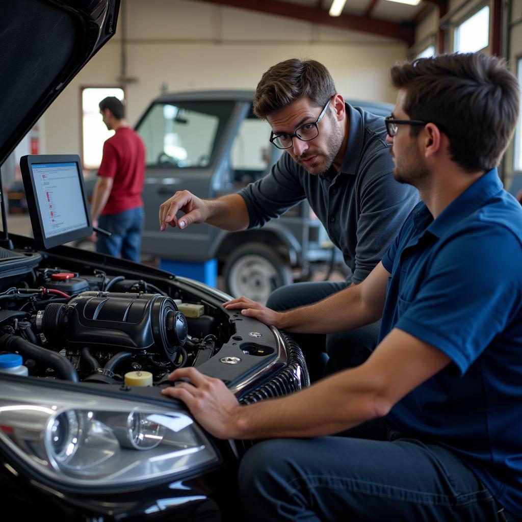 Mechanic Explaining Engine Diagnostics in Lakeview