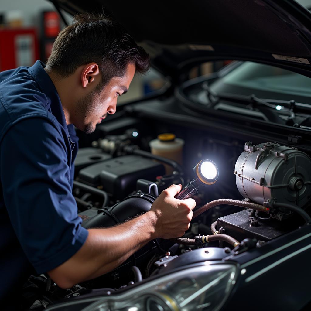 Mechanic Inspecting Car AC System