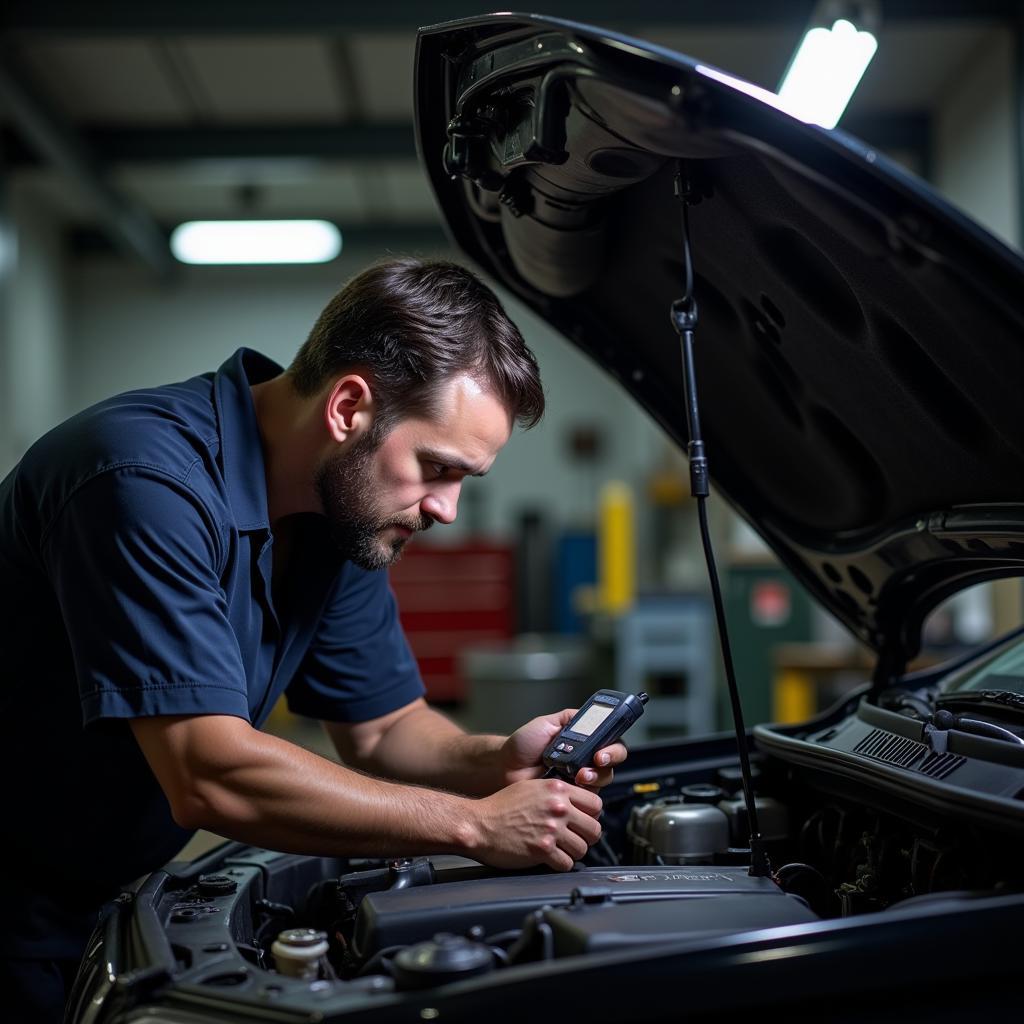 Mechanic Inspecting a Car's Engine Bay