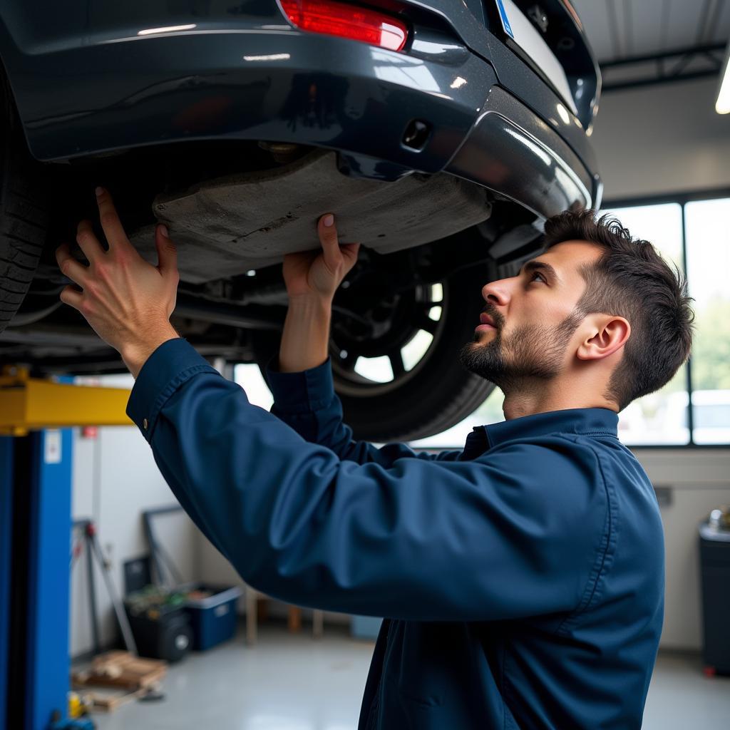 A mechanic inspecting the underside of a car