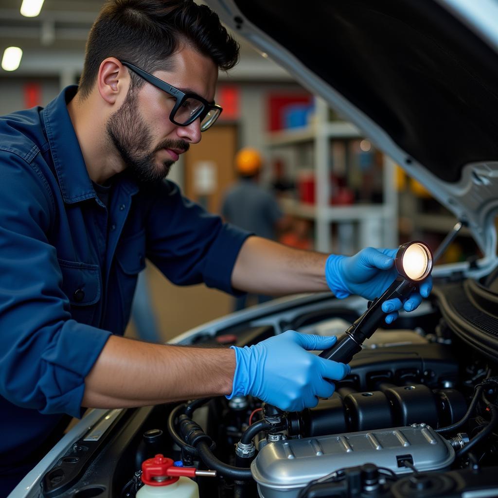 Mechanic inspecting car AC system