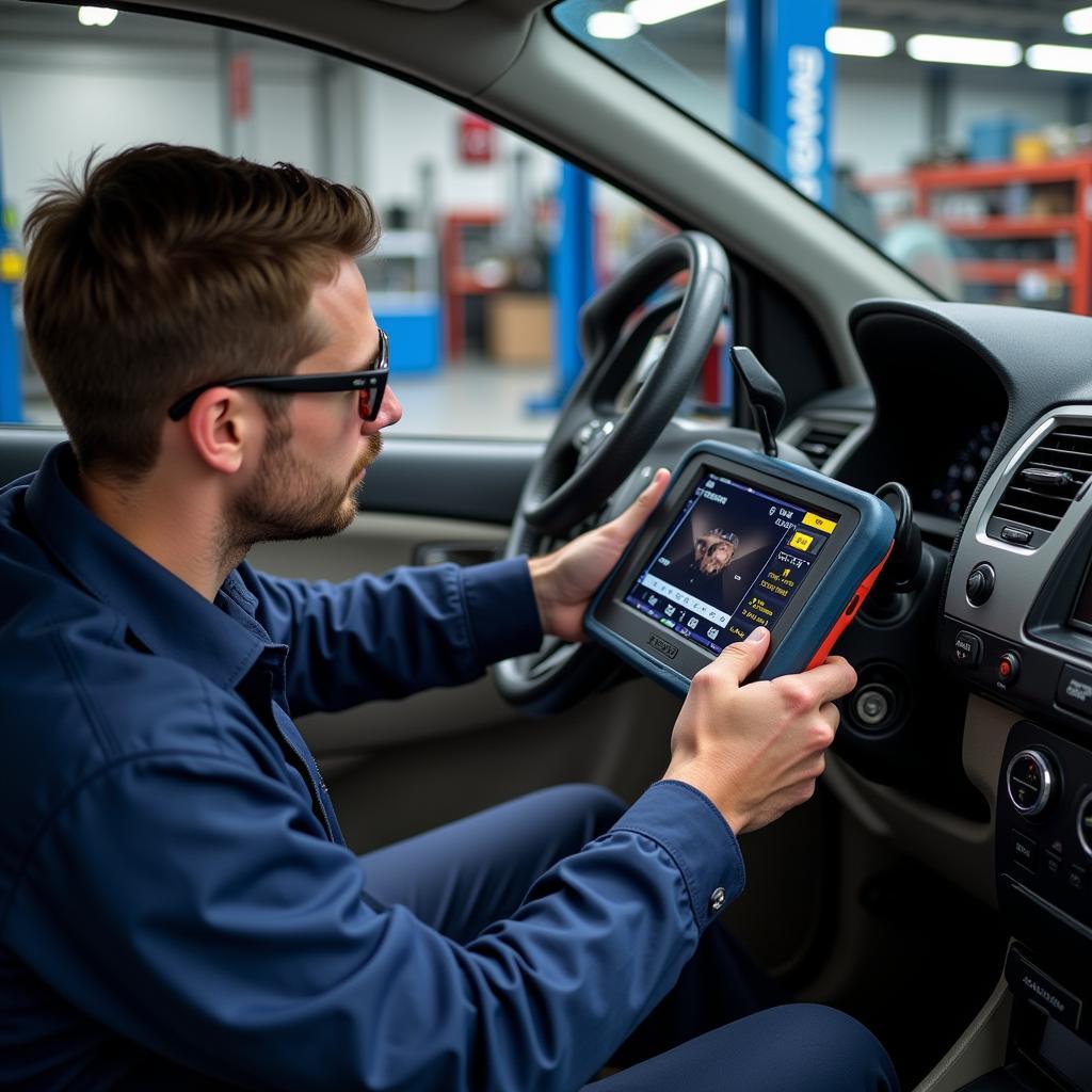 Mechanic Inspecting Car AC System with Diagnostic Tool