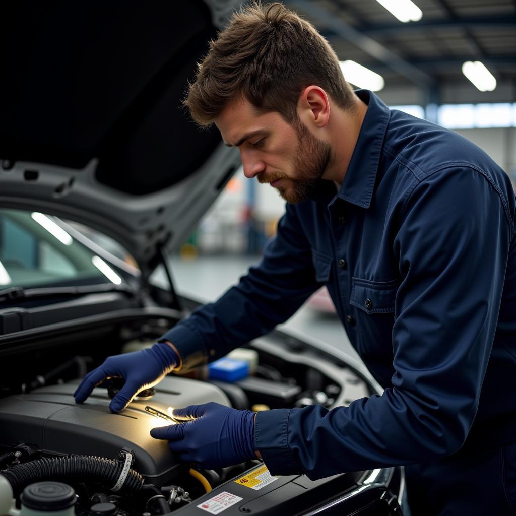 Mechanic inspecting car engine with a flashlight