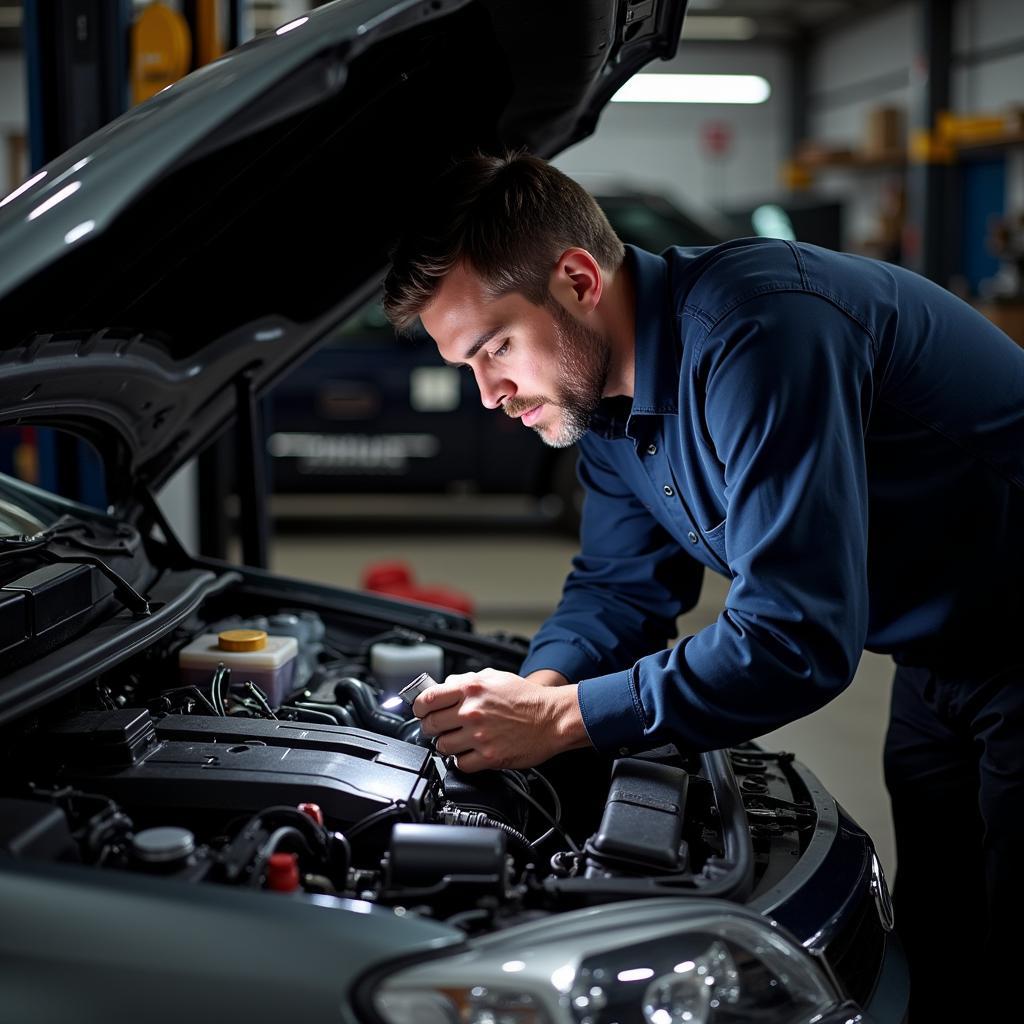 Mechanic inspecting a car engine