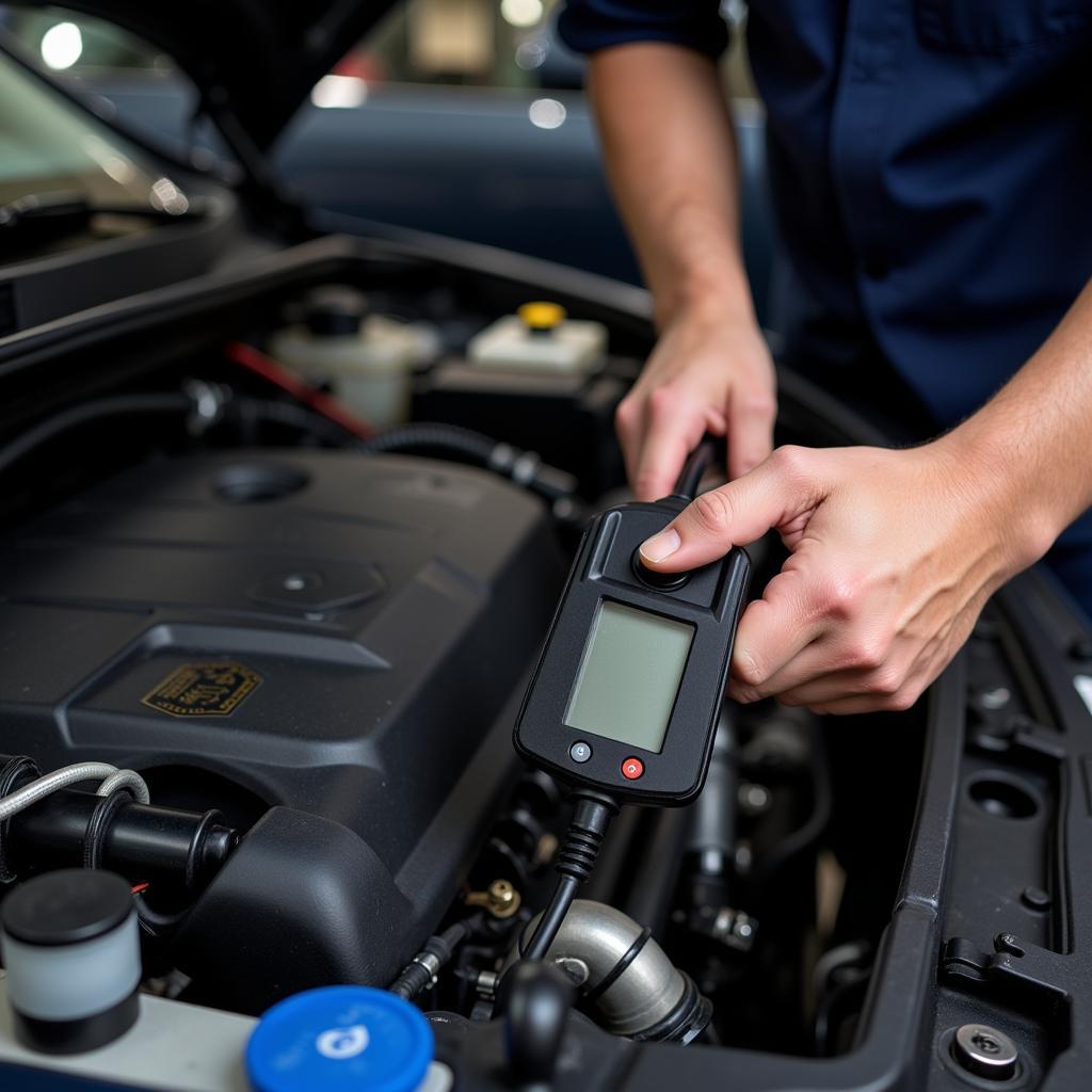 Mechanic Inspecting a Car Engine Using a Diagnostic Tool