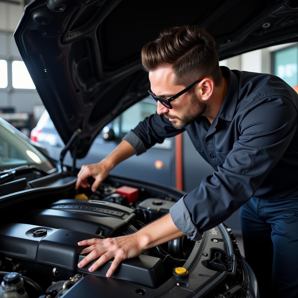 Mechanic inspecting the engine bay of a vehicle