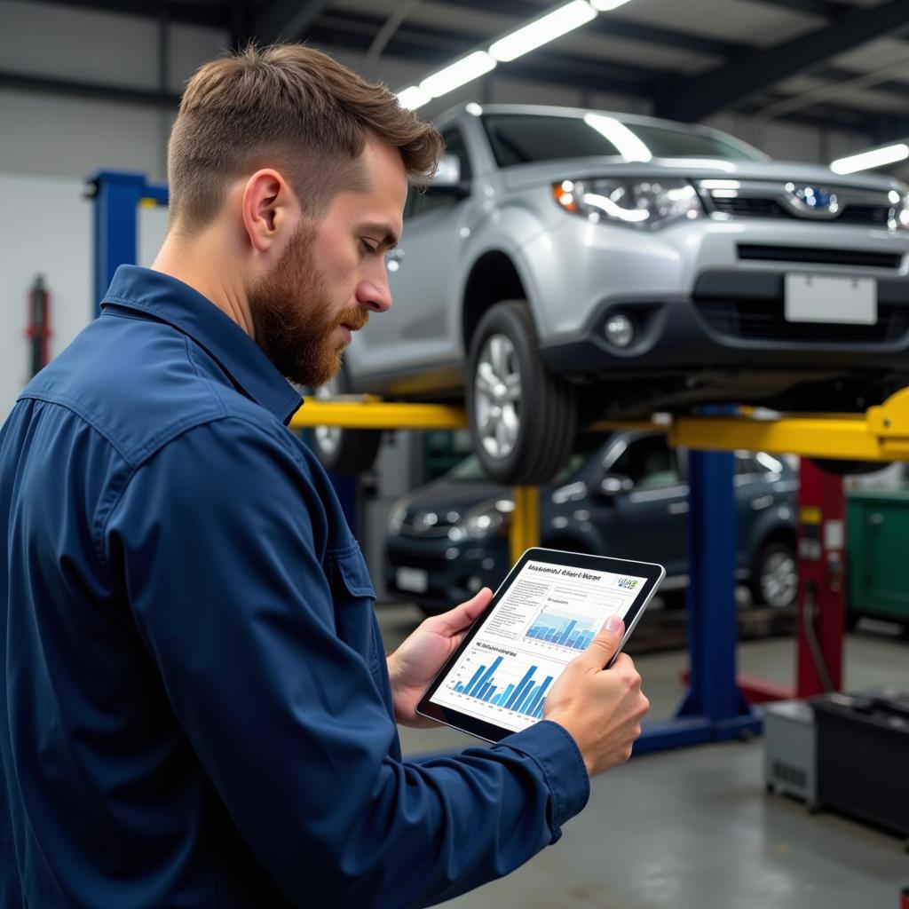 Mechanic Inspecting Car History Report