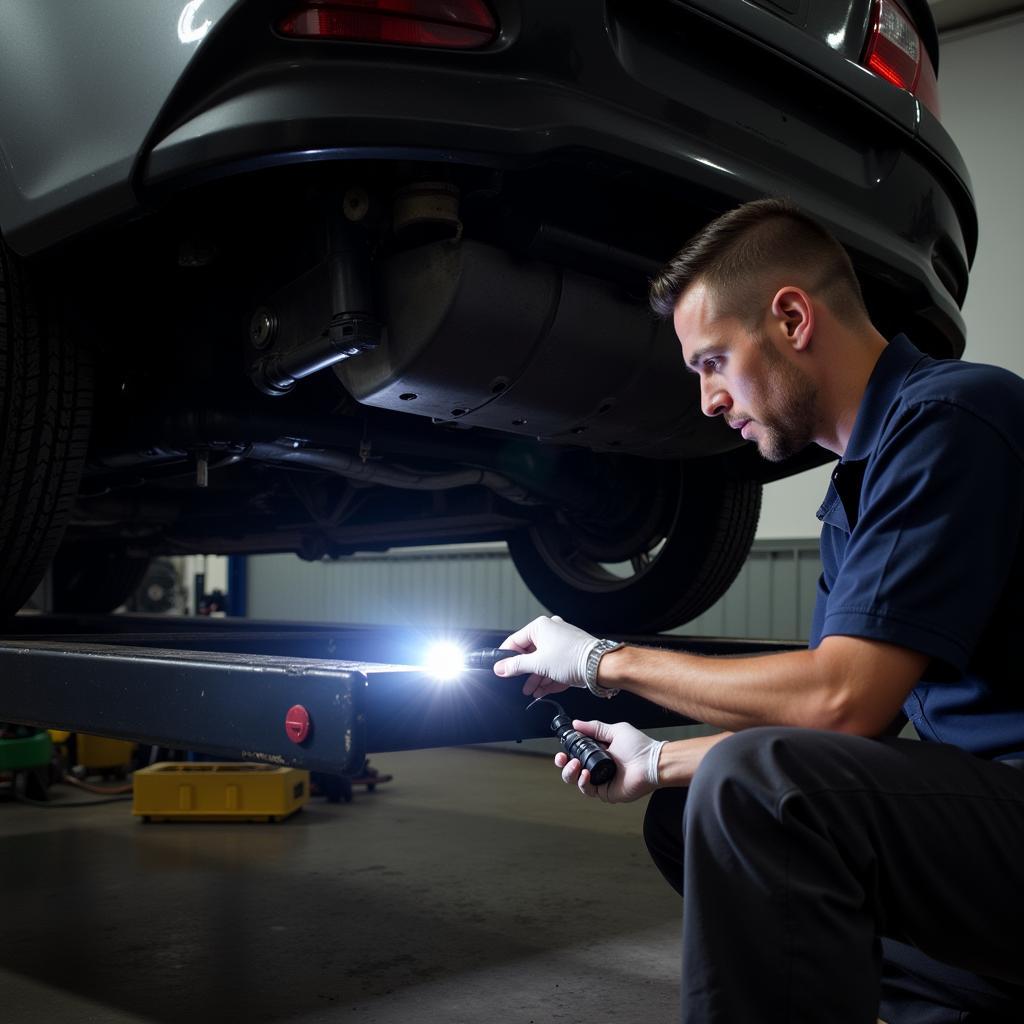 Mechanic Inspecting the Undercarriage of a Car Similar to the 2012 MG6