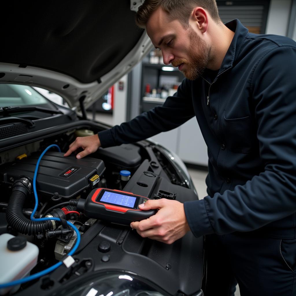 mechanic inspecting car wiring harness for shorts