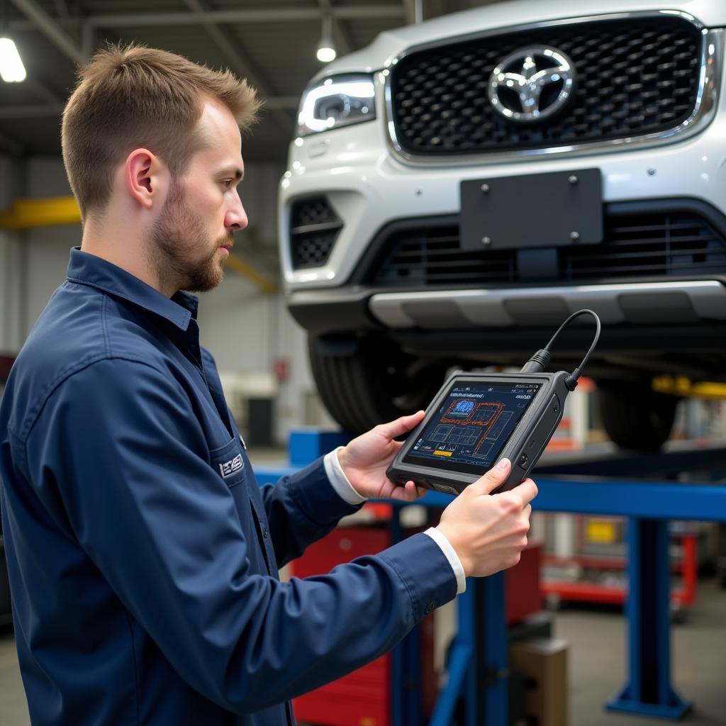 Mechanic Inspecting Car with Diagnostic Tool