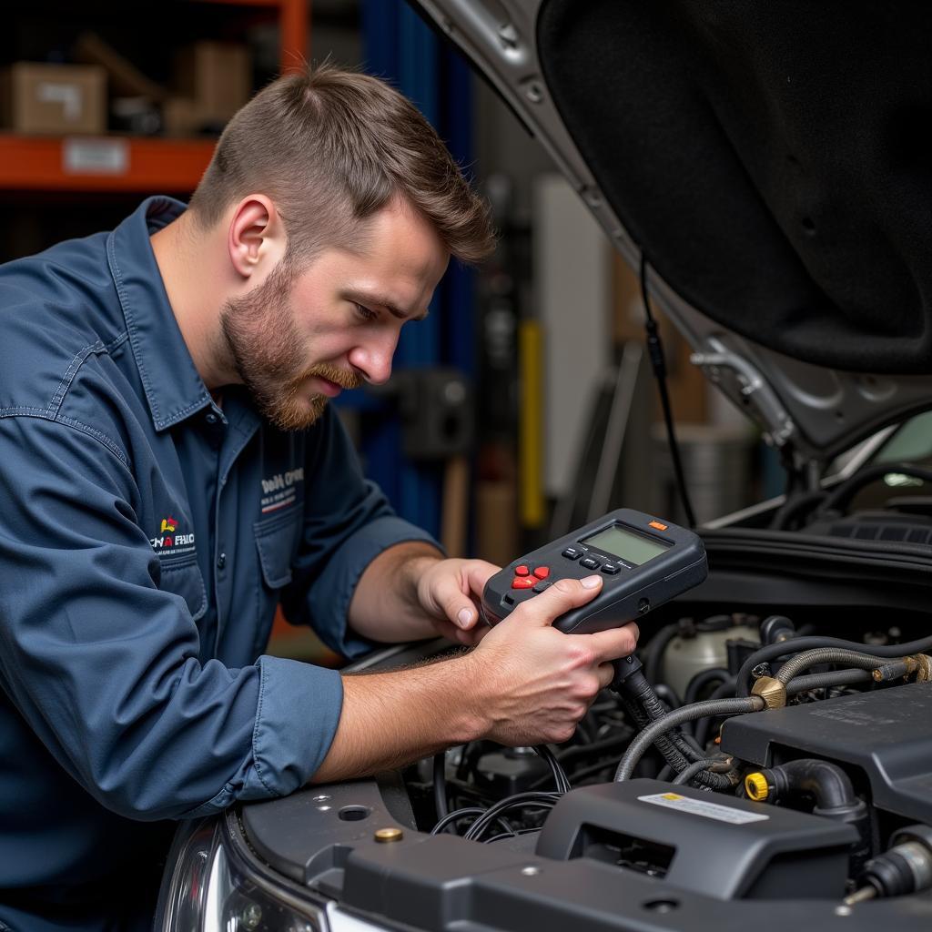 Mechanic Inspecting Diagnostic Scanner