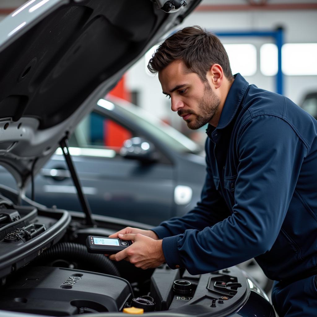 Professional Mechanic Performing Car Diagnostic Fixd