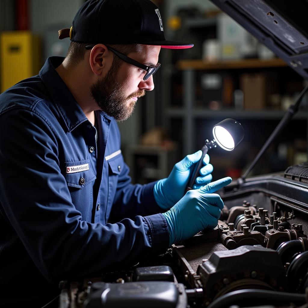 Mechanic inspecting car engine for tappet problems