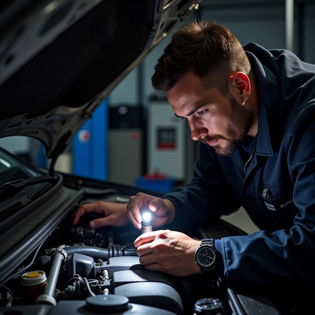 Mechanic Inspecting Car Engine Bay