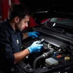 Mechanic inspecting fuel lines for leaks