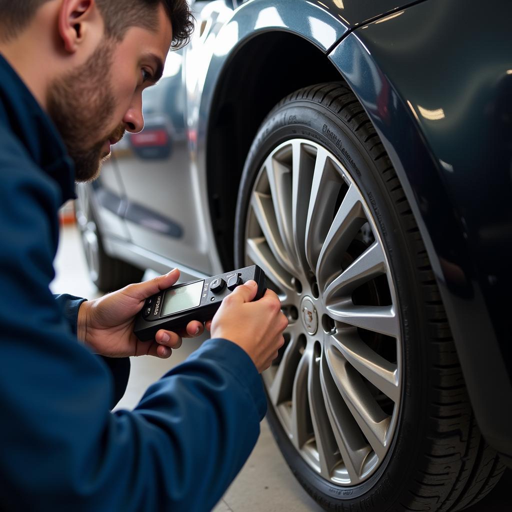 Mechanic inspecting tire tread for wear