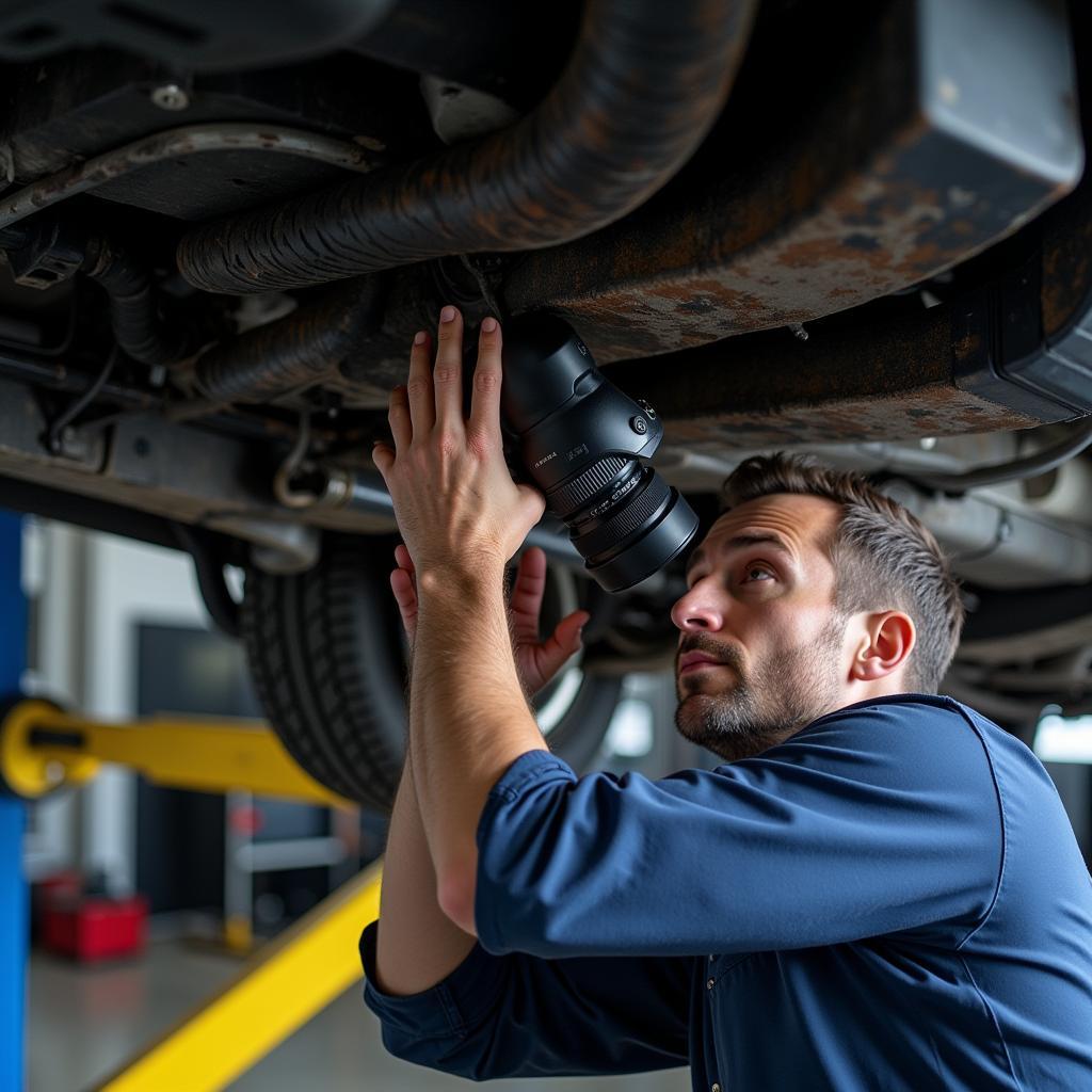 Mechanic Performing Undercarriage Inspection with Camera