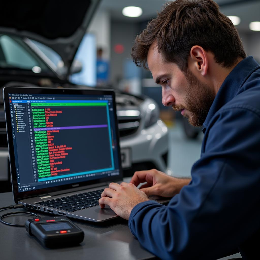 Mechanic Examining Diagnostic Results on a Laptop