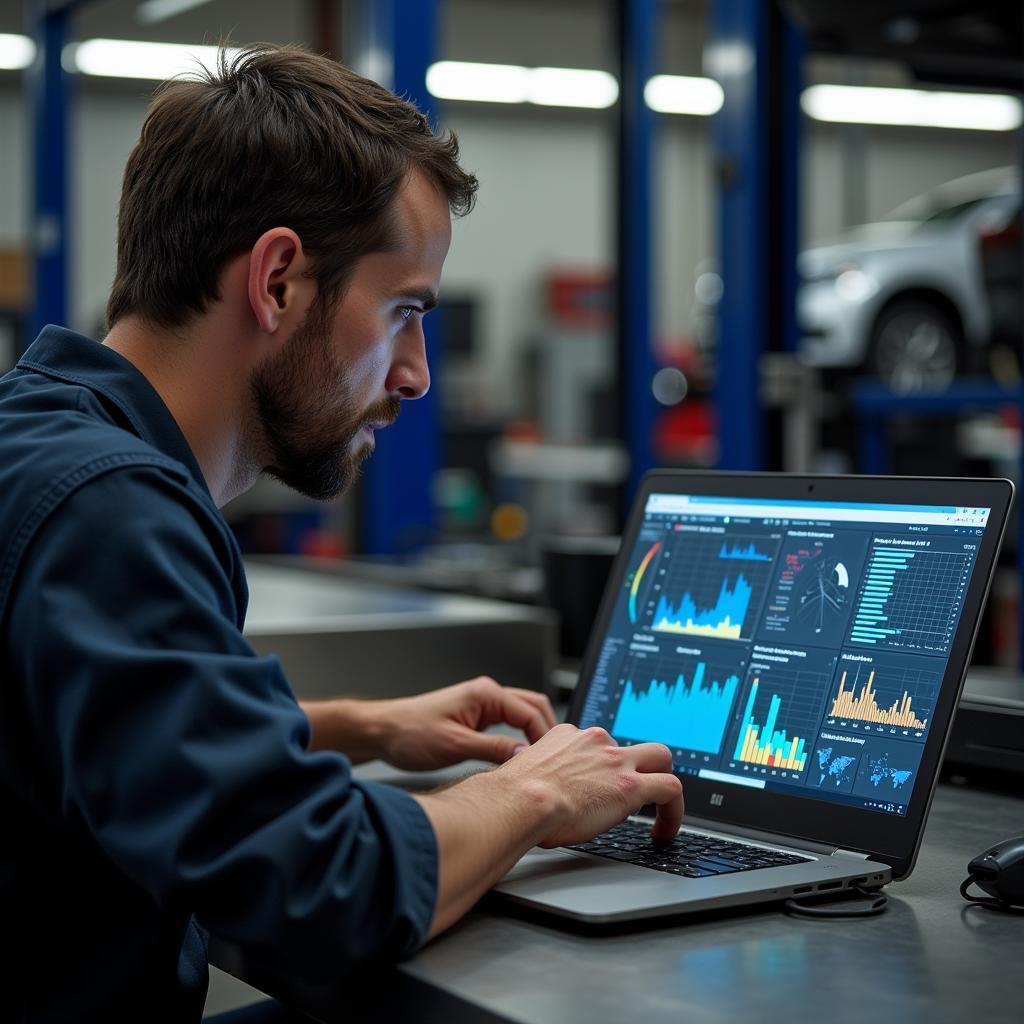 Mechanic Analyzing Diagnostic Results on a Laptop