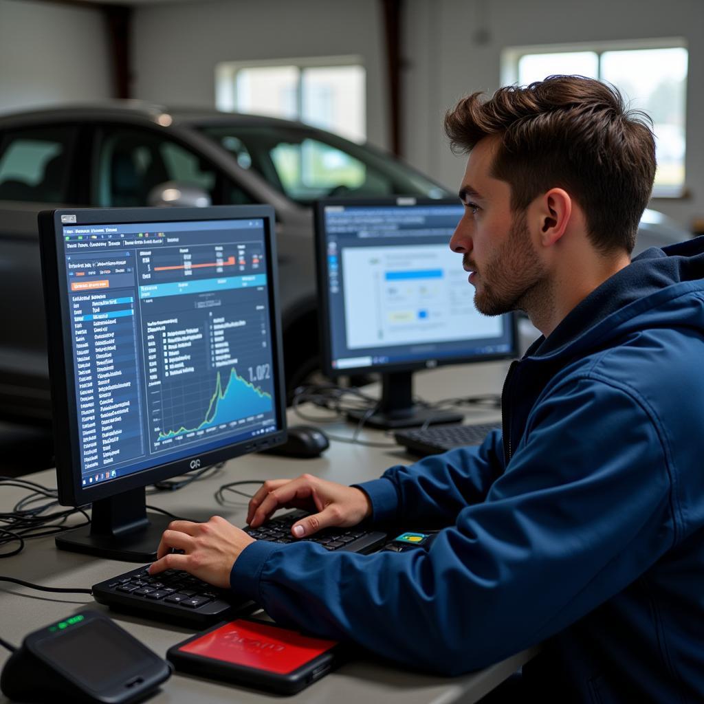 Mechanic Analyzing Diagnostic Results in Harlow