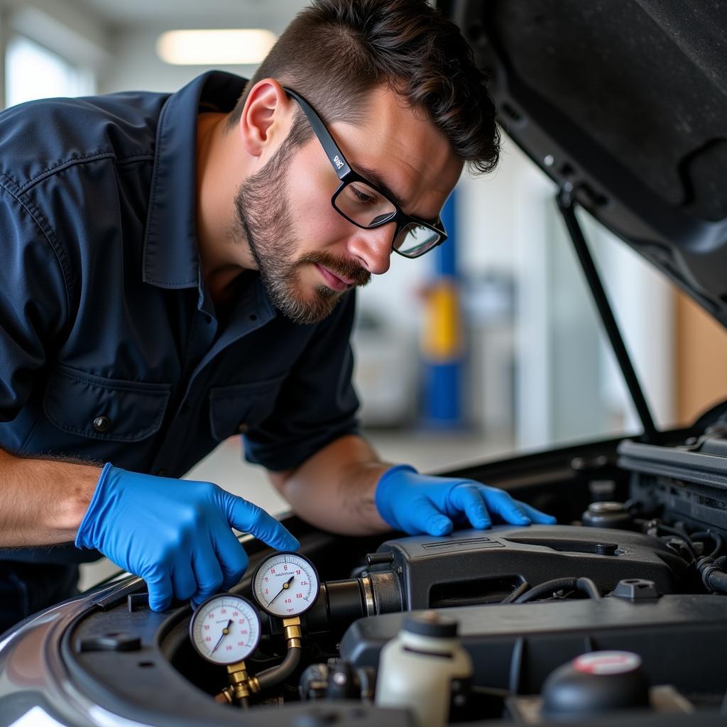 Mechanic Using Gauges on a Car's AC System