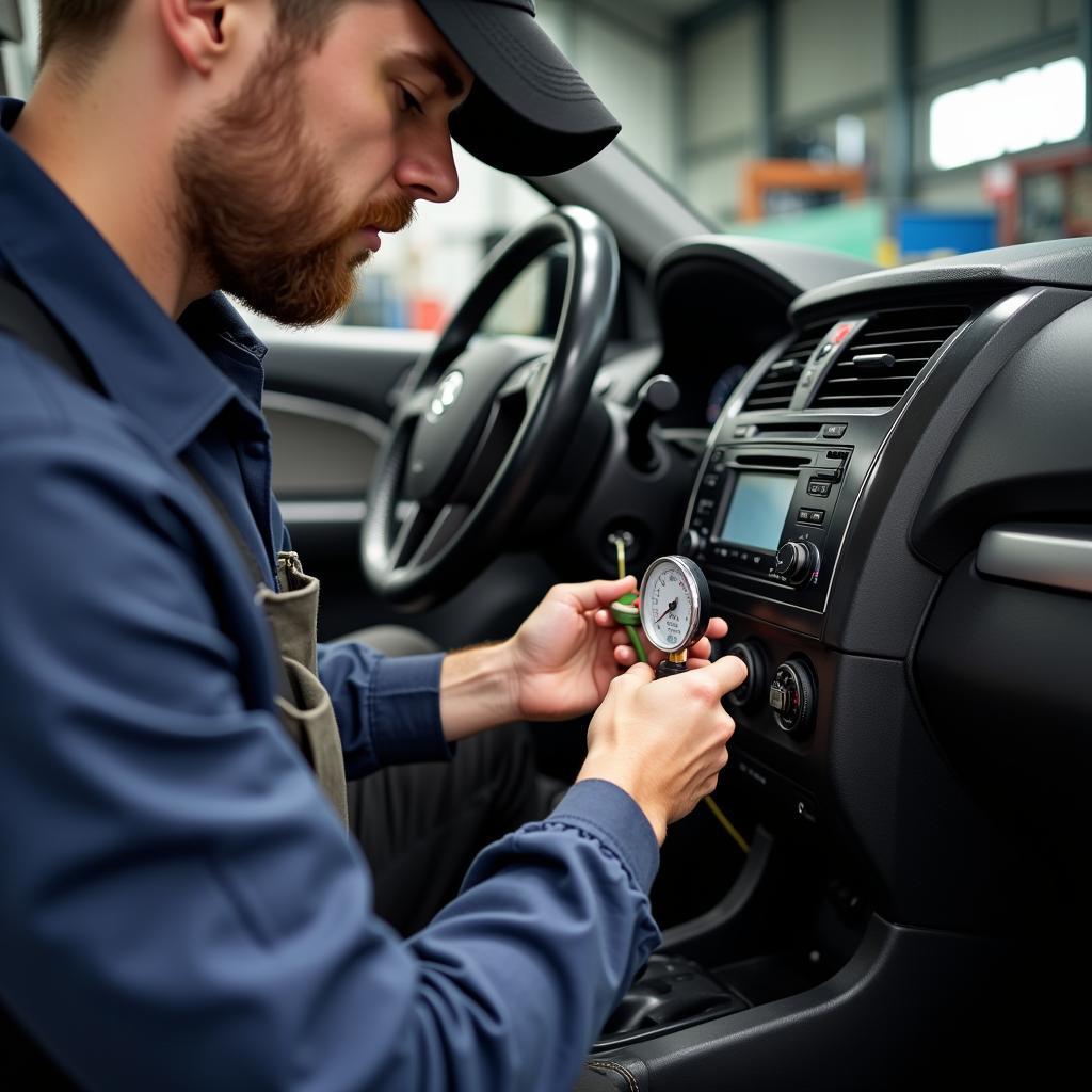 Mechanic using a pressure gauge on a car's AC system