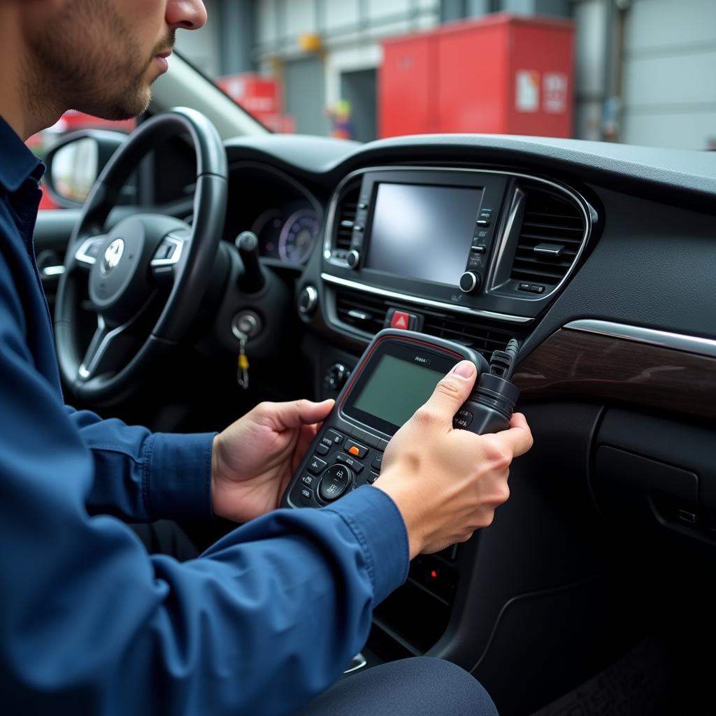 Mechanic connecting diagnostic tool to car's OBD-II port