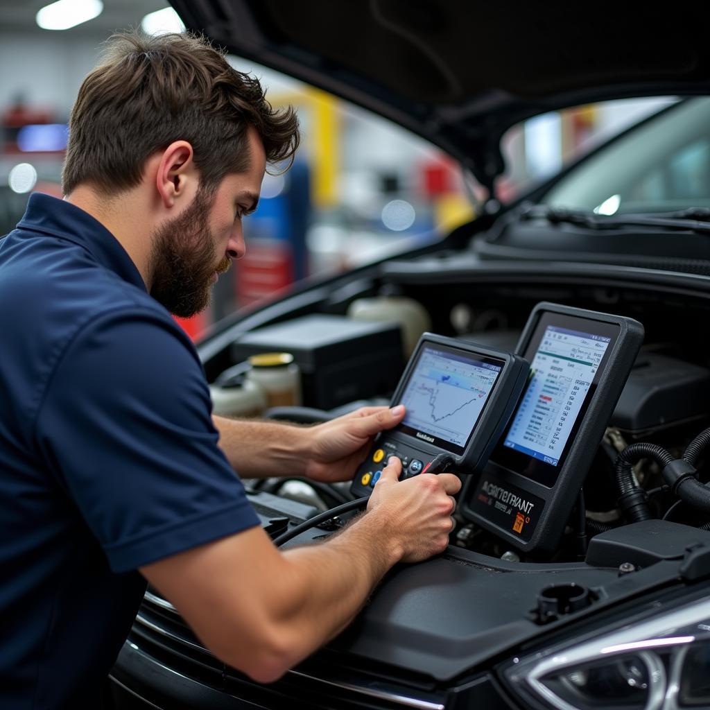 Mechanic Performing Car Diagnostic Group Test