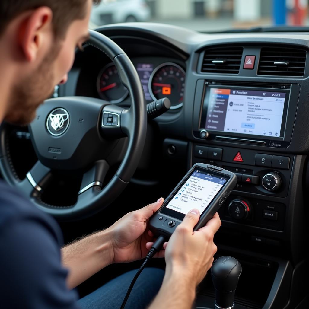 A mechanic is performing a car diagnostic test in a professional workshop.