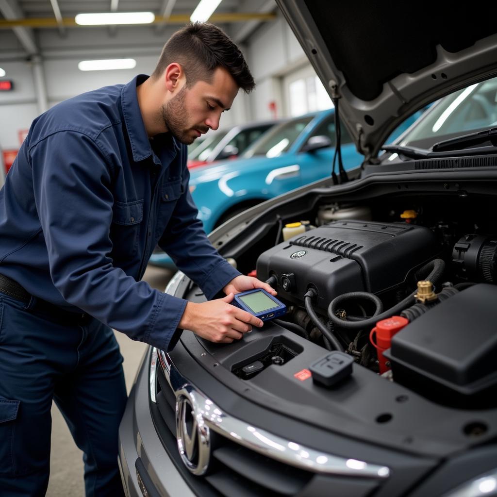 A mechanic plugging a diagnostic scanner into a car's OBD-II port.