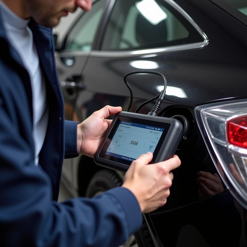 Mechanic using diagnostic tool on car