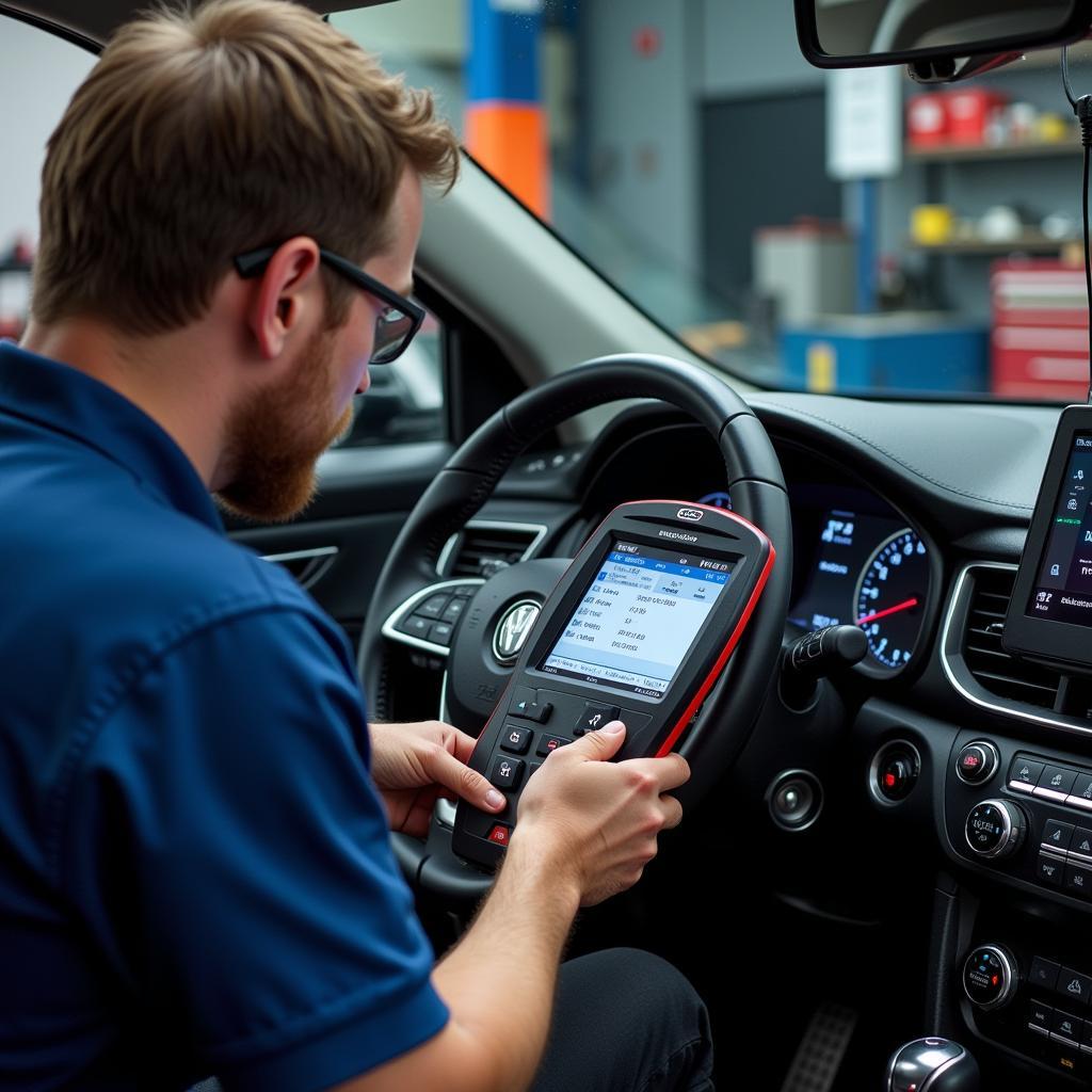 Mechanic Performing a Car Diagnostic Test with Scan Tool