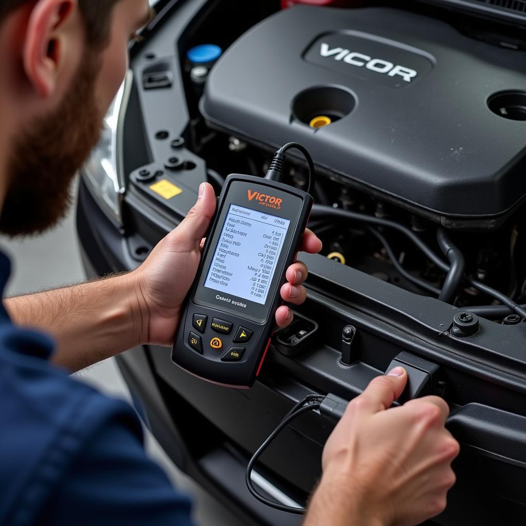 A mechanic using a Victor Tools car diagnostic reader to diagnose a vehicle issue