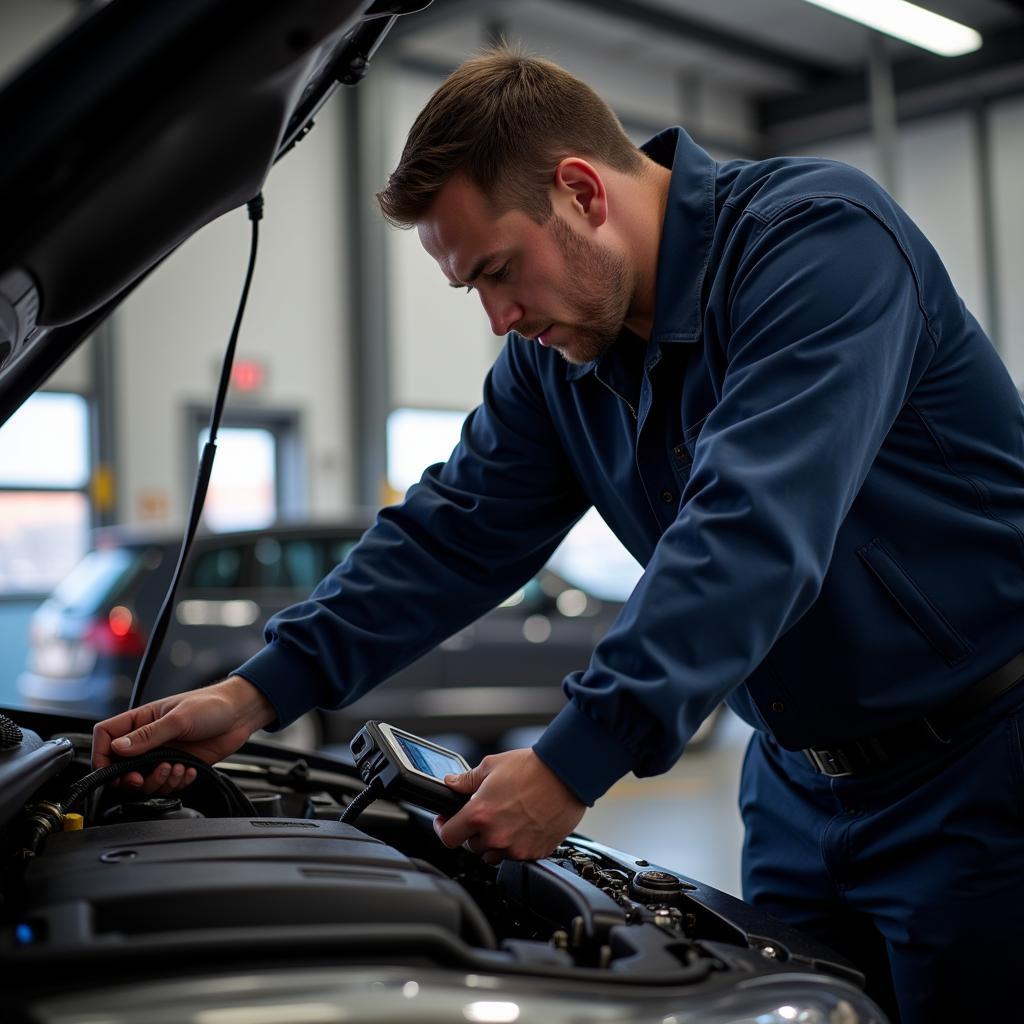 A mechanic in Airdrie using a diagnostic tool on a vehicle