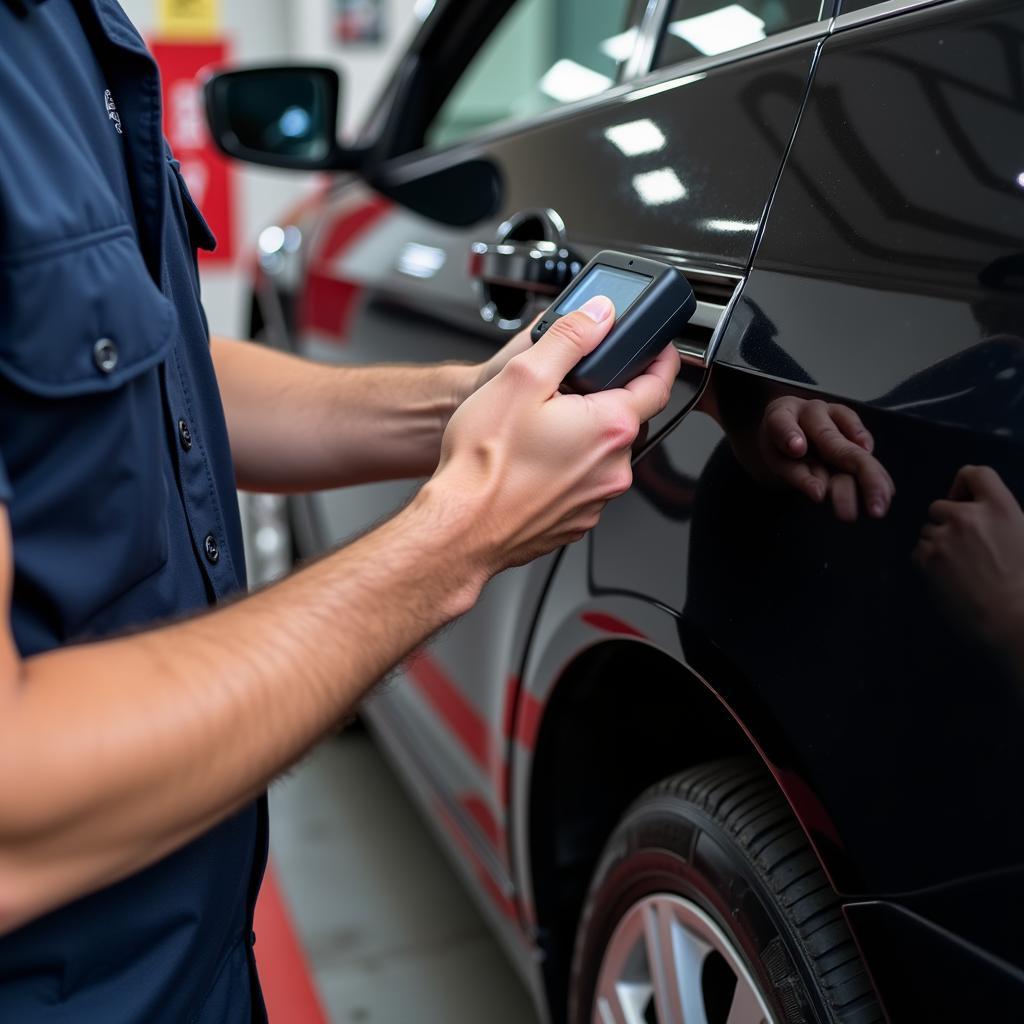 Mechanic performing car diagnostics in Westbury