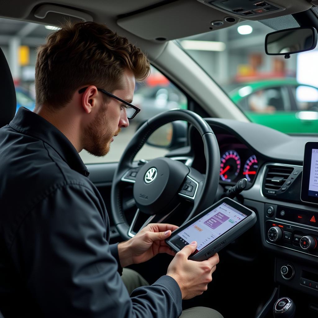 Mechanic Performing Diagnostic Check on Skoda Fabia