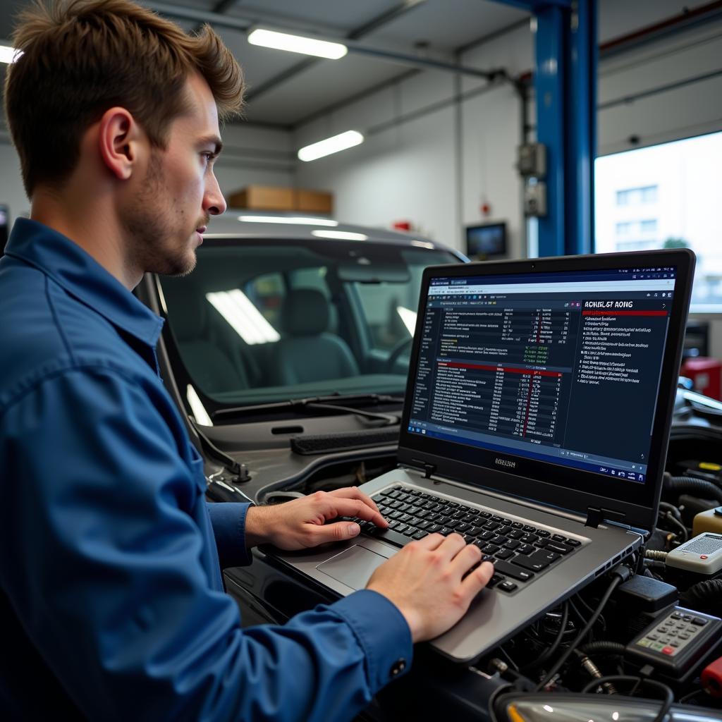 Mechanic Performing Diagnostic Test with Laptop