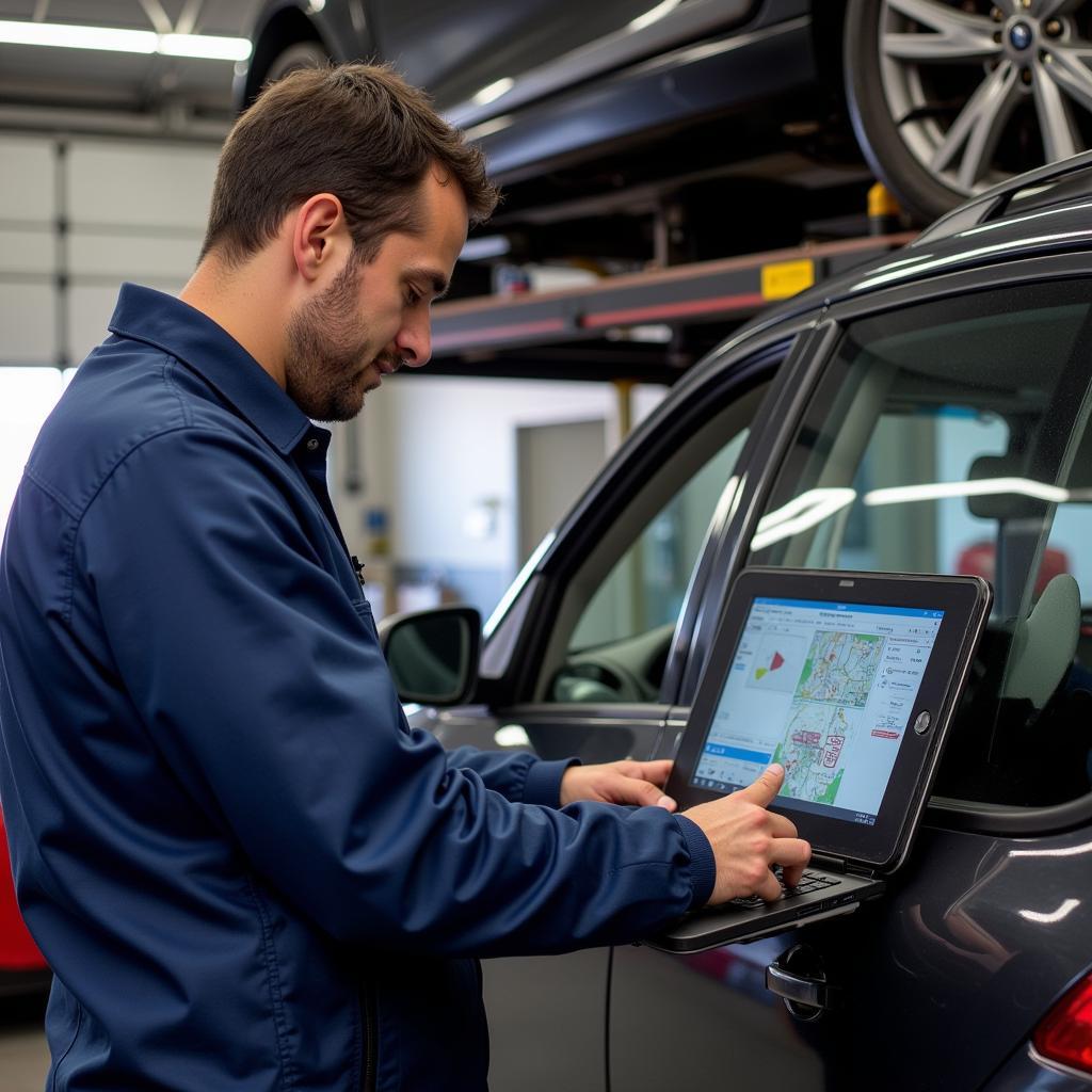 Mechanic Performing Mobile Car Diagnostic Testing