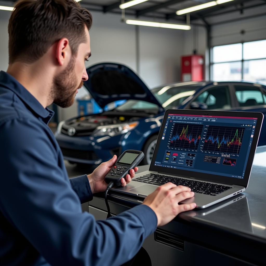 Mechanic Performing Professional Car Diagnostic Test