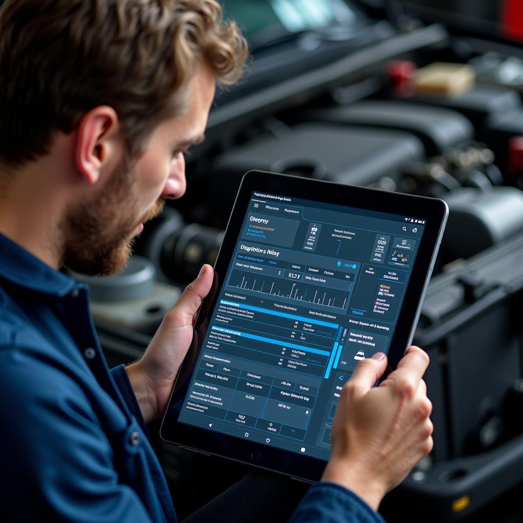 Mechanic Analyzing Diagnostic Report on Tablet