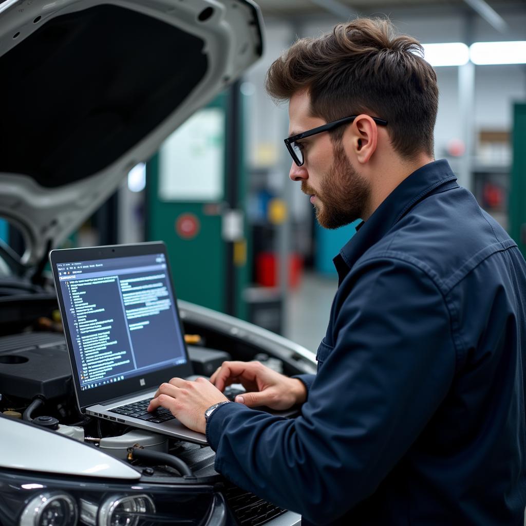 Mechanic Using Laptop for Research