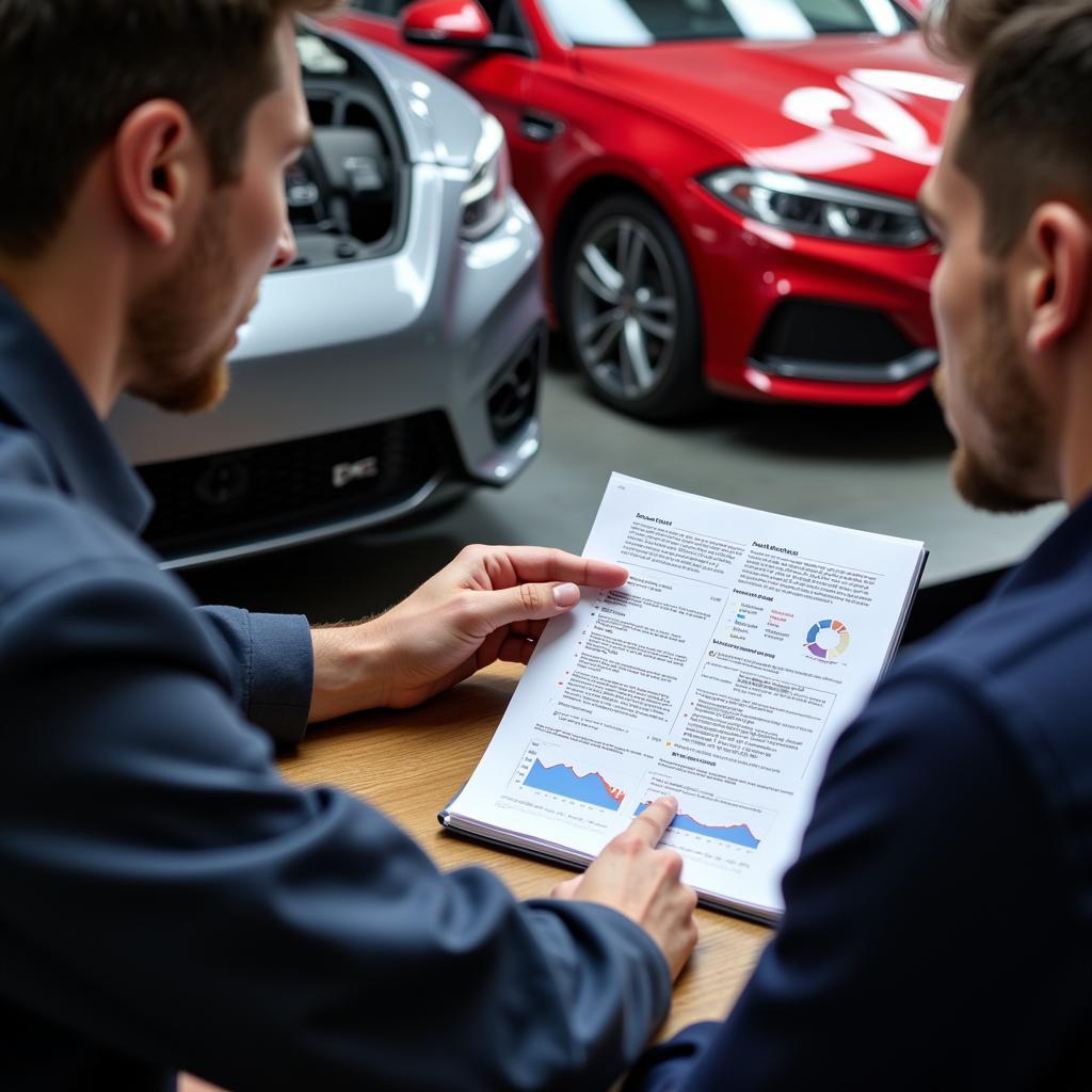 Mechanic discussing car diagnostic report