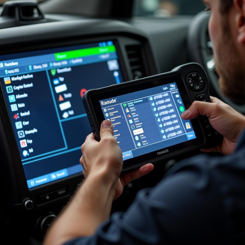 Mechanic analyzing diagnostic data on a car scanner