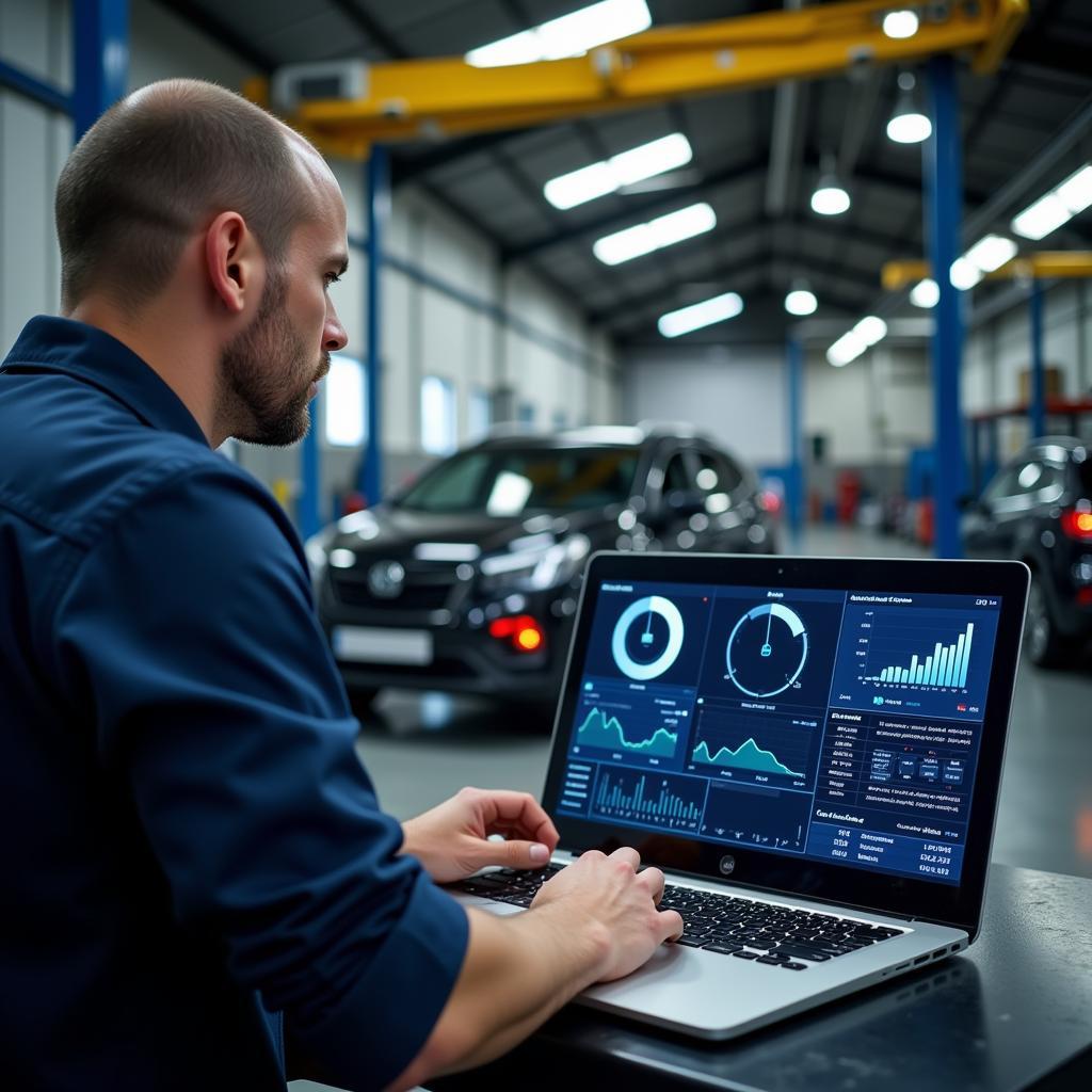 Mechanic analyzing data on a laptop connected to car diagnostic equipment.