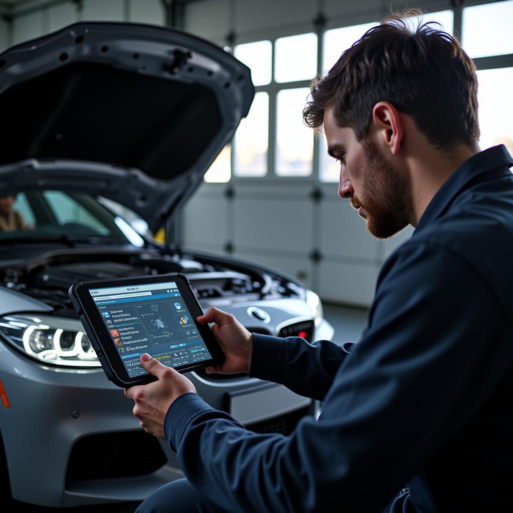 A mechanic examines detailed diagnostic data displayed on a tablet-style car diagnostic machine, revealing potential issues with a BMW engine.