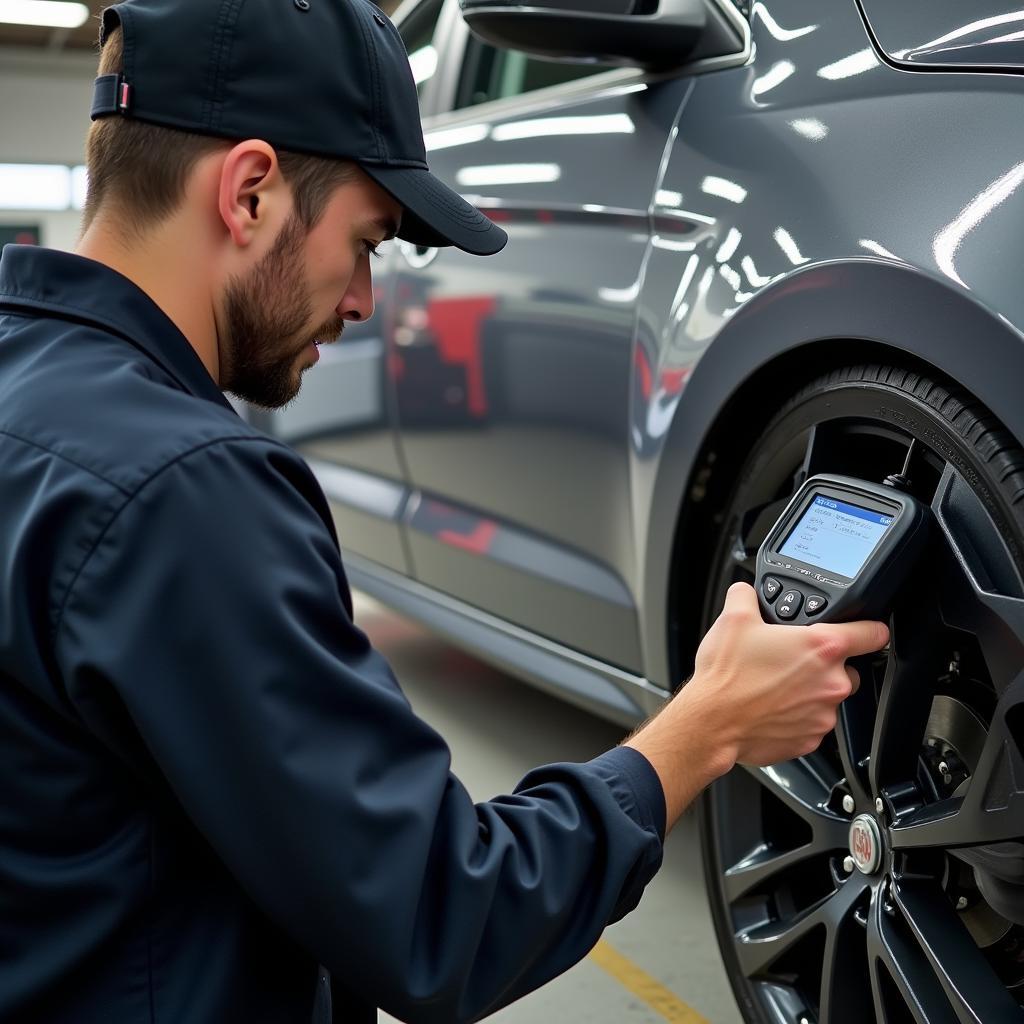 Mechanic running car diagnostics at a repair shop