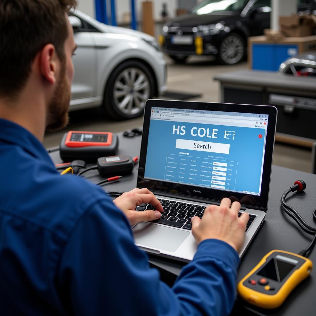 Mechanic using a laptop to research HS codes for car diagnostic tools