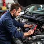 Mechanic Testing Alternator with Multimeter